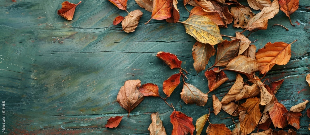 Poster fall-colored dried leaves piled up on a green wooden surface with a blank area for text or images, c