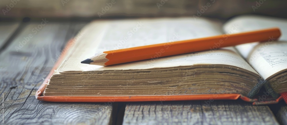 Poster an open book with an orange pencil on a textured wooden surface, depicting an educational concept wi