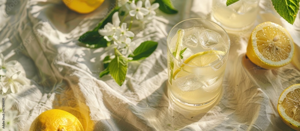 Poster close-up of cold lemon drink with ice, mint, slices, and white flowers on a linen tablecloth, ideal 