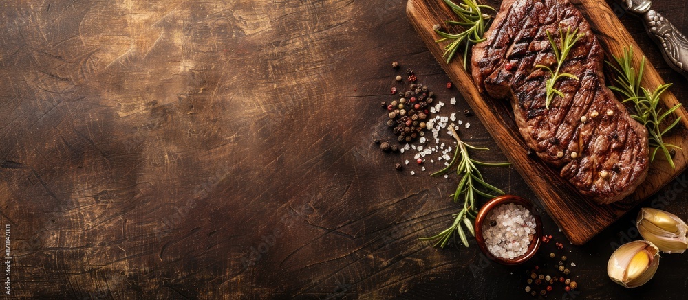 Poster Cheese steak displayed with rosemary and spices on a wooden background, featuring empty space for text or copy space image.