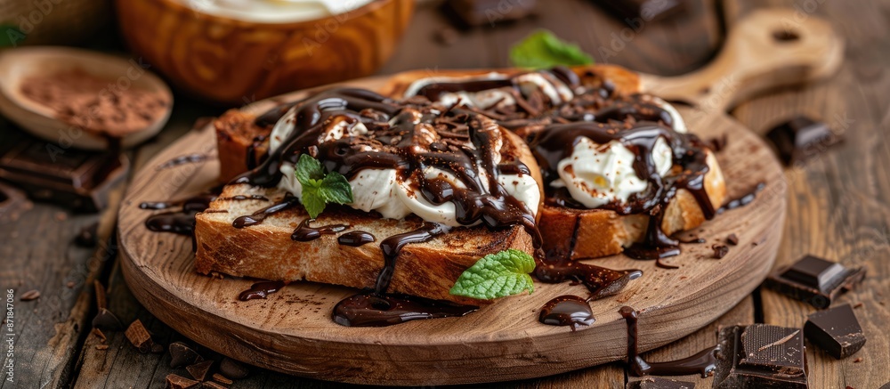 Poster Delicious Nutella toast with chocolate sauce and cream in a wooden dish on table background with copy space image.