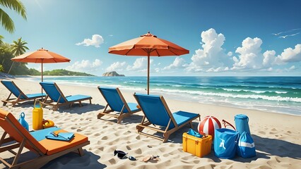 Relaxing beach scene with lounge chairs, an umbrella and beach toys.