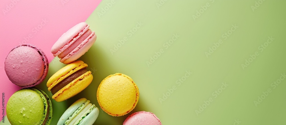 Poster Angle view of colourful macaroons on a green, yellow, and pink background with a blank space in the picture. image with copy space