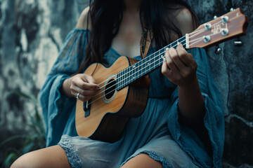 Fototapeta premium Woman playing ukulele guitar while sitting on a chair