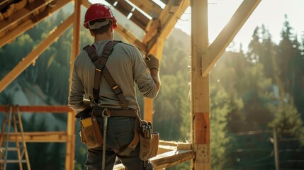 The carpenter wearing a helmet