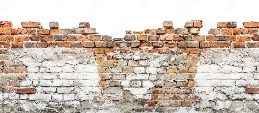 Aufkleber close-up view of an aged brick wall set against a white isolated backdrop, featuring ample copy spac