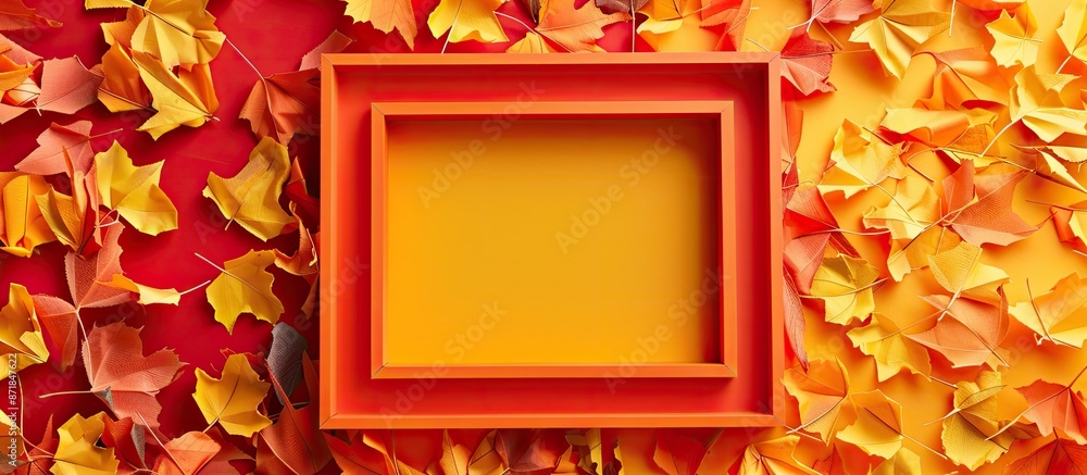 Poster Creative autumn-themed art design featuring an orange frame with copy space, set against a background of chopped yellow and red paper on the left and right sides.
