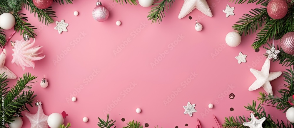 Poster christmas frame with fir branches, white decorations, star, and balls on a pink table for a festive 