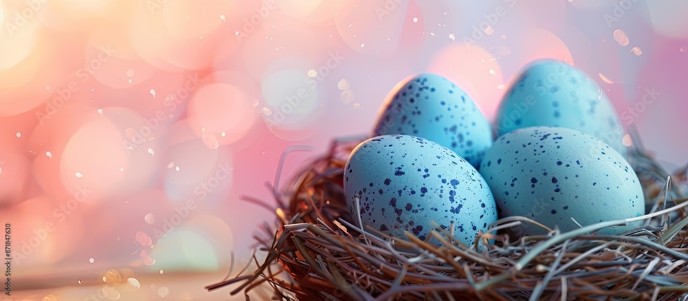 Poster easter-themed scene featuring blue eggs in a nest, set against pastel colors with extra space for im