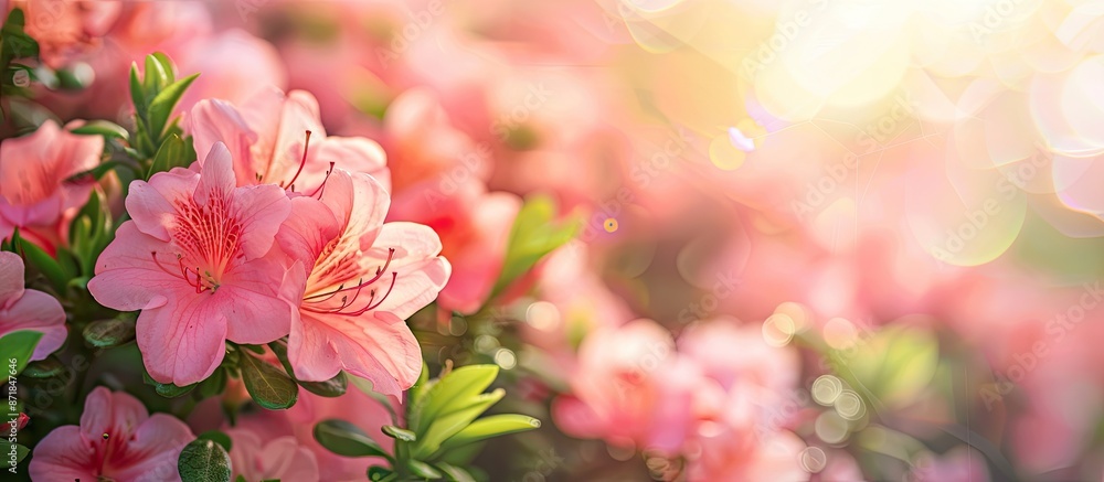 Poster close-up view of blooming pink flower bushes with a soft focus, providing copy space in the image.