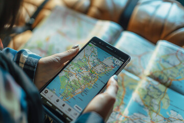 Topview travelers are planning a trip by searching the route on the map and searching for information on the internet