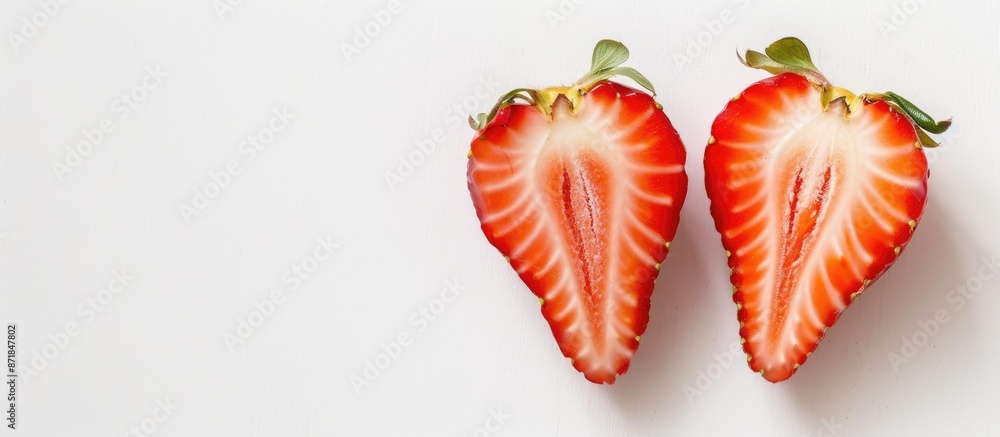 Poster close-up image of juicy, fresh strawberries halved on a white background with ample copy space image