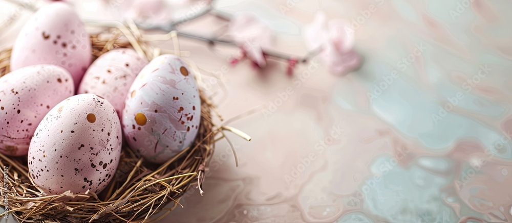 Poster Easter eggs in a small nest set on a light background, with copy space image in view.