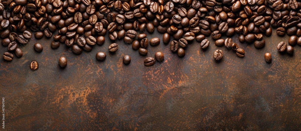 Poster Flat lay composition of freshly roasted coffee beans arranged on a brown table, offering ample copy space in the image for text. Close-up top view serves as the background.