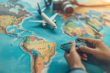 Topview travelers are planning a trip by searching the route on the map and searching for information on the internet