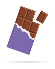 Bitten chocolate bar in opened violet wrap and foil isolated on white background, dessert, vector illustration in flat style. Chocolate bar on white background. Milk chocolate bar.