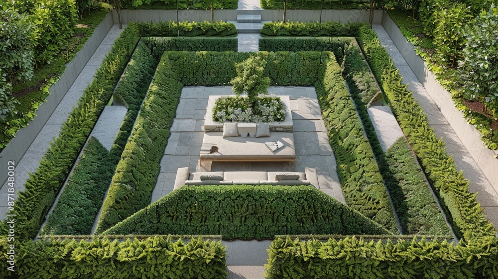 Poster a garden design from above showcasing triangular hedge arrangements with a serene sitting area in th