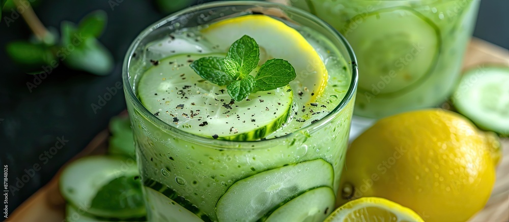 Aufkleber Chilled cucumber soup garnished with lemon, featuring a refreshing taste. image with copy space