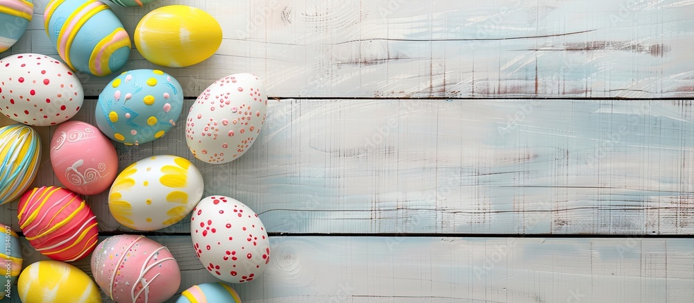 Aufkleber easter eggs arranged on a light wooden backdrop with copy space image.