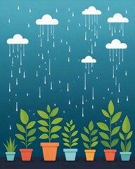 Illustration of potted plants growing under a rainy sky.