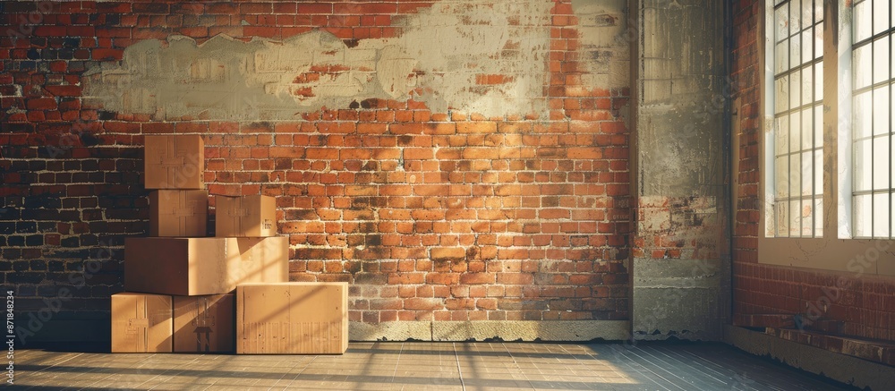 Poster Boxes for moving are stacked in an empty room against a brick wall, featuring a copy space image.