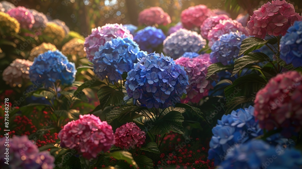 Poster a garden environment featuring an array of hydrangeas, with blooms ranging from deep blues to vibran