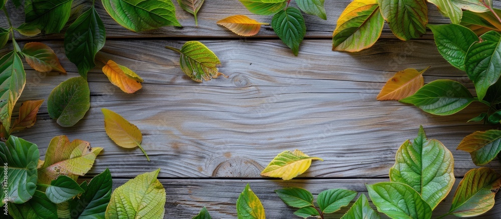 Poster copy space image featuring a frame with vivid green and yellow leaves on a wooden board background.
