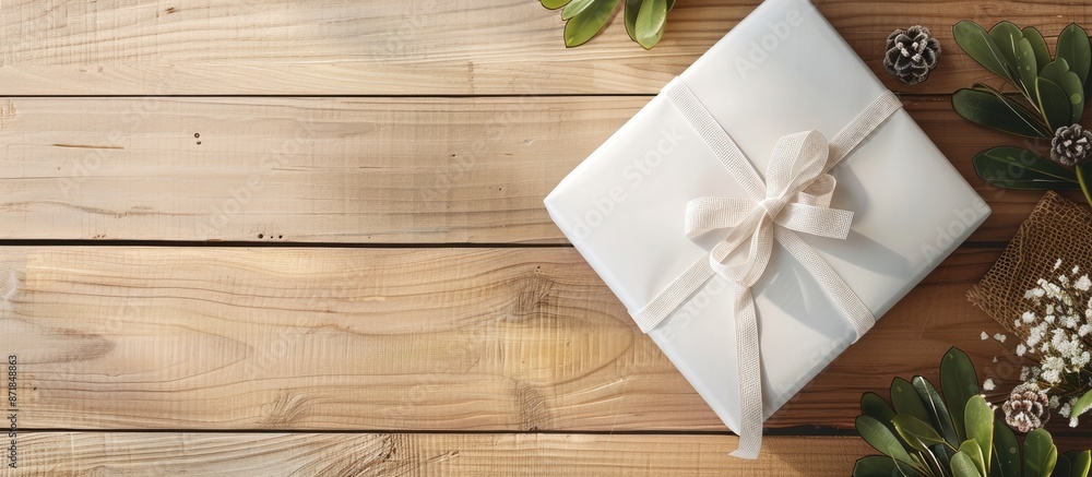 Poster Bright wooden table with a white gift box featuring a mock up and copy space image in a top view.