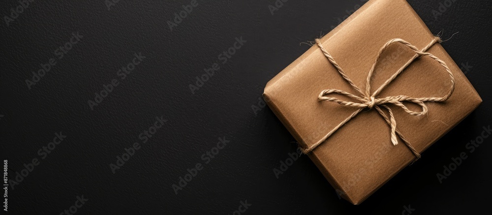 Poster flat lay of a gift box on a black background with space for text or other images. image with copy sp