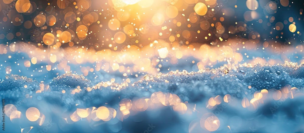 Poster Close-up view of snow surface with bokeh effect, shallow depth of field, ideal for festive designs like Christmas and New Year, offering ample copy space image.
