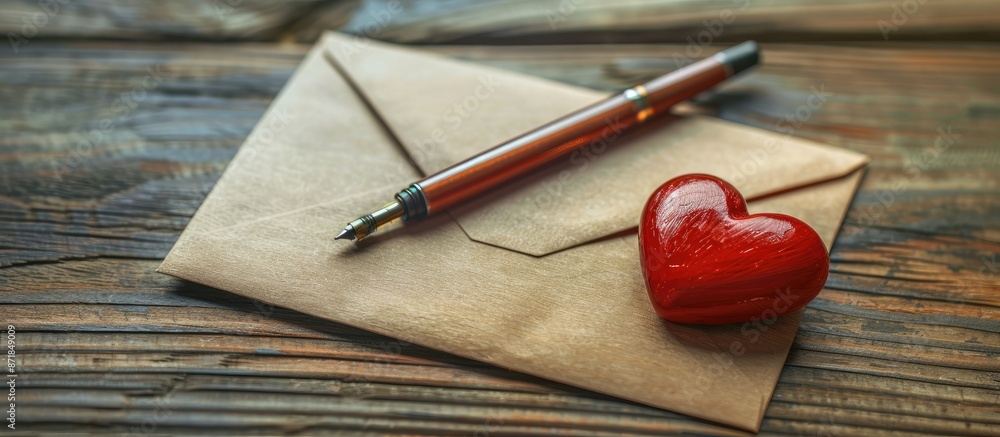 Aufkleber Envelope with a heart-designed letter and a ballpoint pen placed on a table with copy space image.