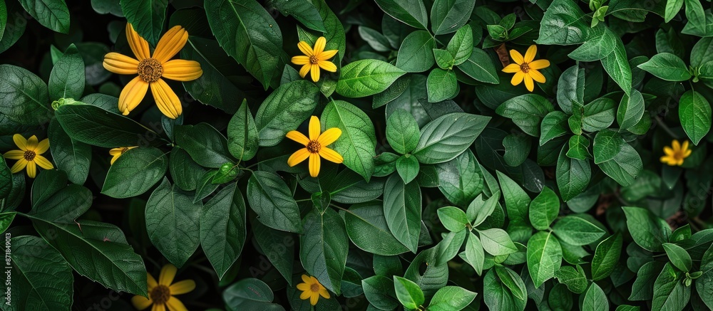 Poster bright yellow flowers contrast beautifully with green foliage in photos with a background of leaves,