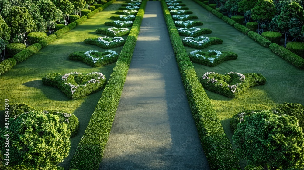 Poster a gardener's view from above showcasing a series of topiary hearts and diamond patterns in a lush gr