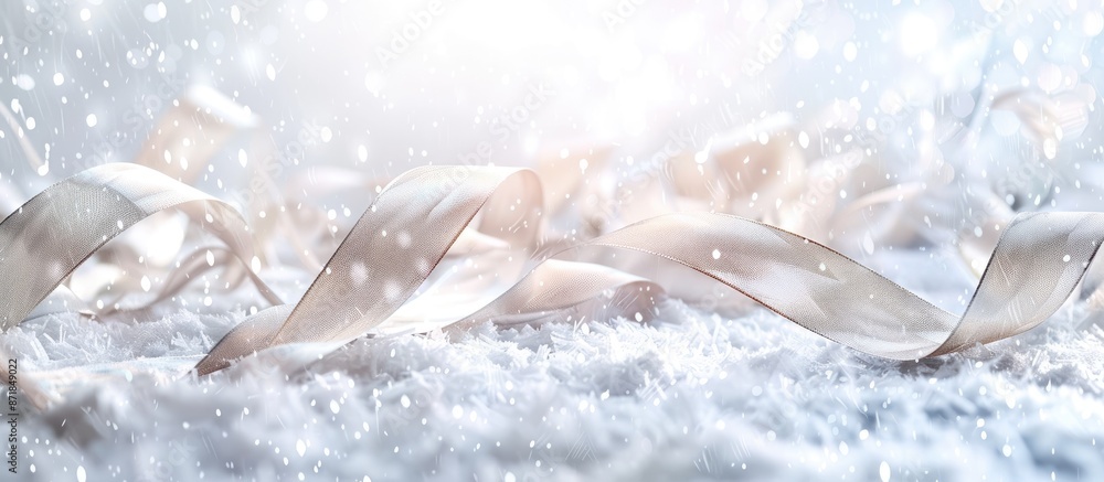 Poster festive banner with white texture and silver ribbons on snowy background for christmas or new year d