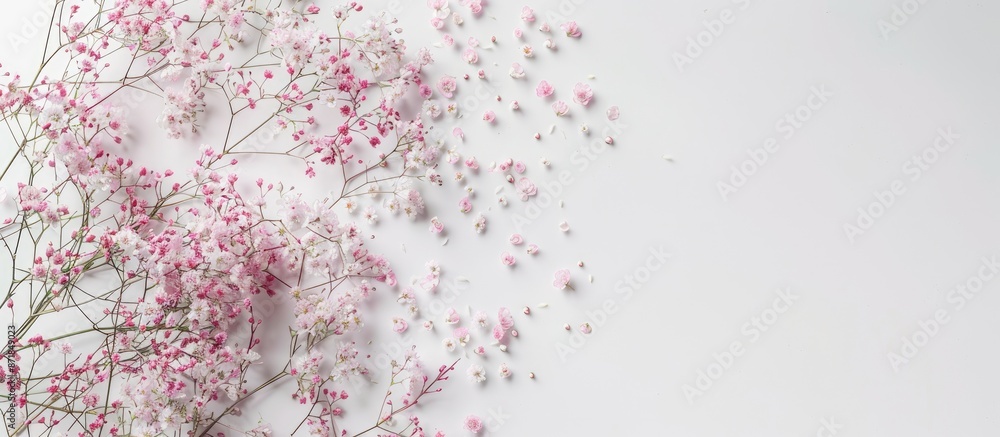 Poster delicate pink flowers on a white background in a top view copy space image.