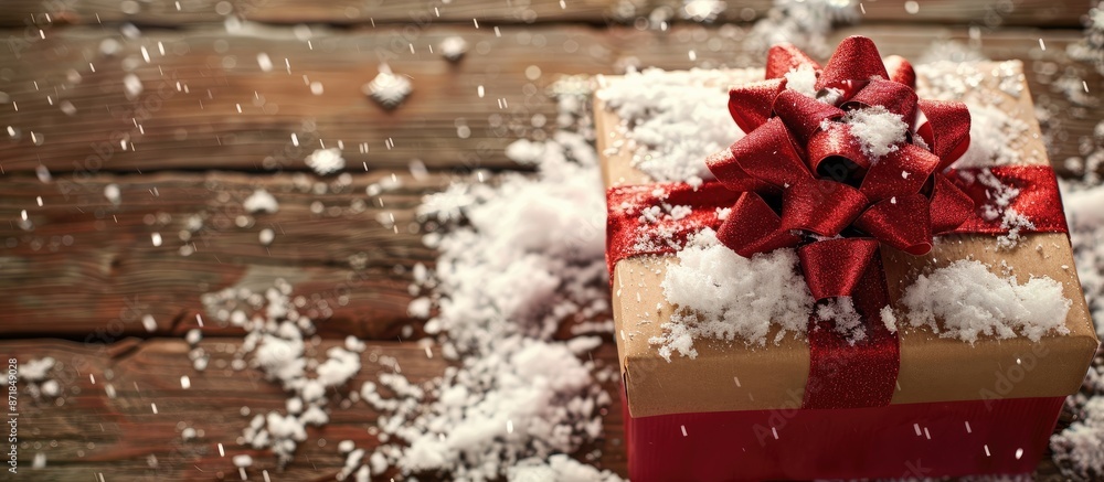 Poster close-up of a festive gift box with a bow on a wooden surface with snow, ideal for a copy space imag