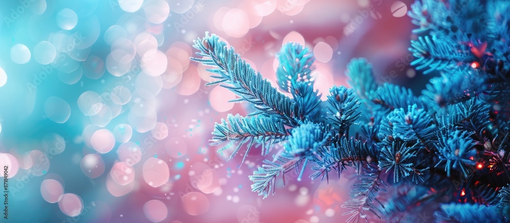 Poster christmas-themed banner featuring a blue spruce branch on an abstract backdrop with a copy space ima