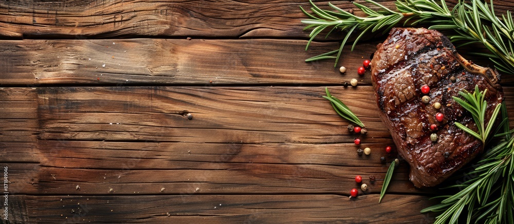 Aufkleber Cheese steak displayed with rosemary and spices on a wooden background, featuring empty space for text or copy space image.