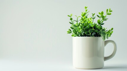 Fototapeta premium Green foliage in a mug on white backdrop for design concept