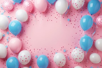 Colorful Balloons and Confetti on Pink Background