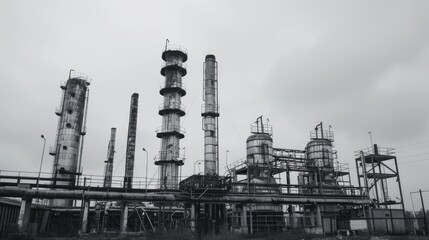 Obraz premium Industrial chemical plant with old distillation towers and reactors under grey sky Black and white background with copy space
