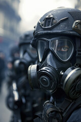 Fototapeta premium officers in protective gear and gas masks
