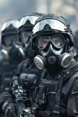 Fototapeta premium officers in protective gear and gas masks
