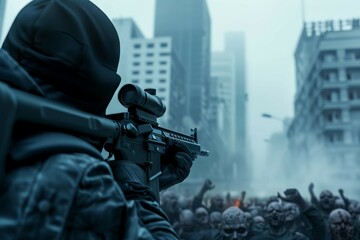 A soldier aims a rifle during a zombie apocalypse in a foggy, deserted city, creating an intense, suspenseful atmosphere.