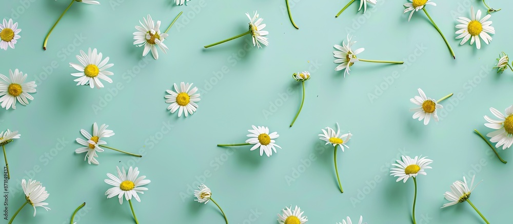 Poster Chamomile pattern on soft green backdrop with copy space image, conveying a spring or summer theme in a flat lay style.