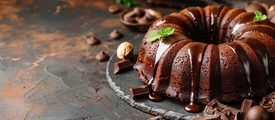 Delicious chocolate and peanut butter bundt cake with copy space image.