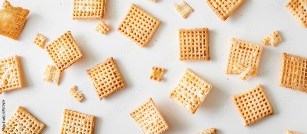 Poster Crispy wafers arranged on a white surface with space for text or images, seen from above. image with copy space