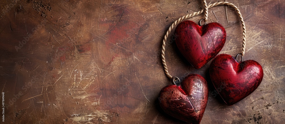 Poster close-up heart-shaped decorations on a textured background with space for placing images. image with