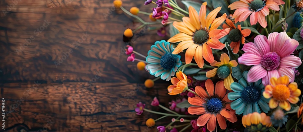 Poster artificial colorful flowers and plants with copy space image.