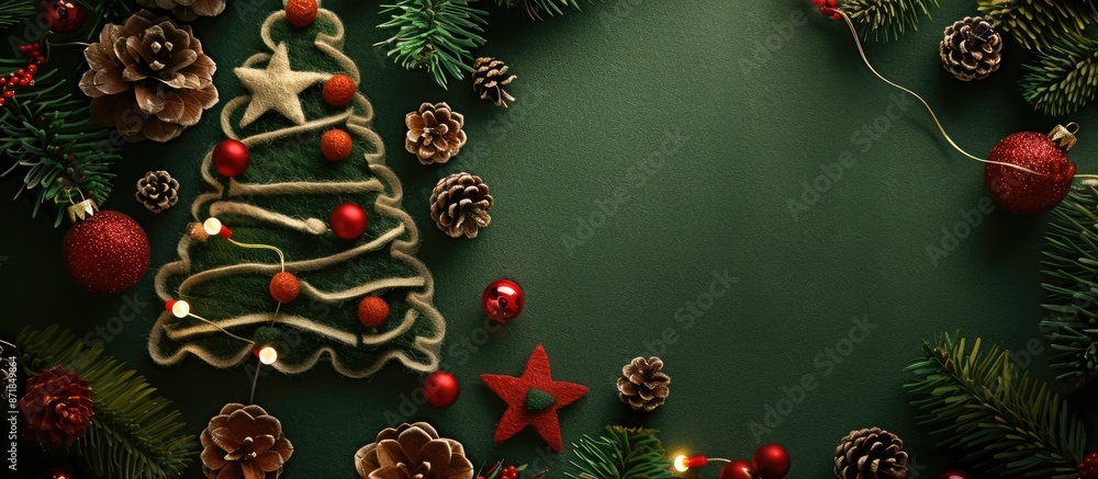 Poster felt christmas tree with a star, surrounded by pine cones, garlands, and lights, creating a festive 